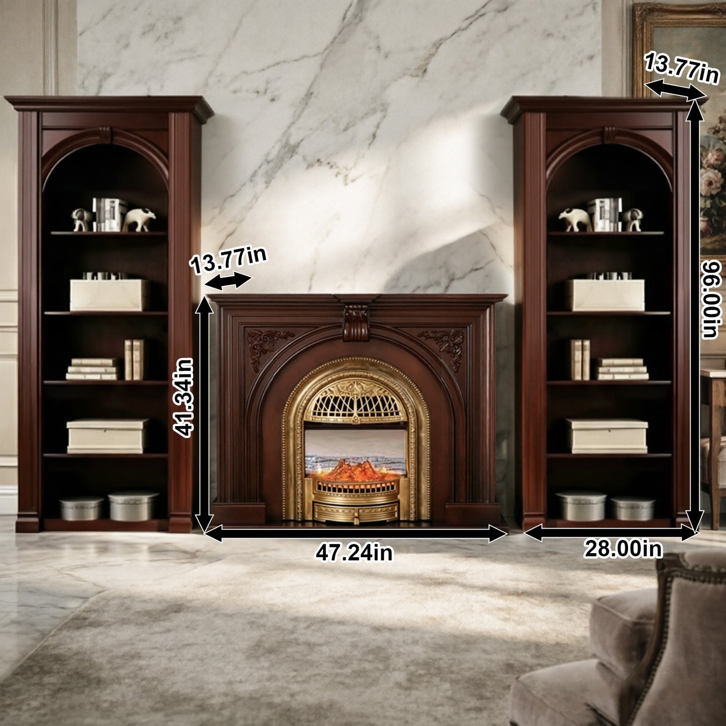 28"W x 96"H Vintage Arched Tall Open Wooden Bookcase Freestanding Display Cabinet