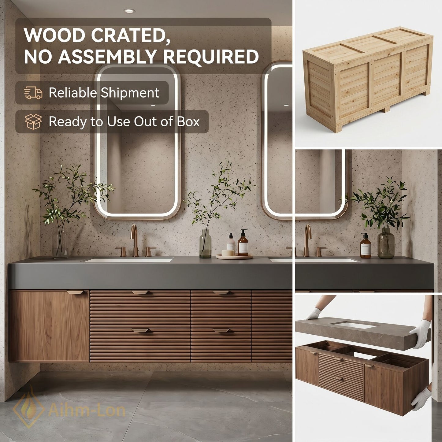 70''-96'' Double Bathroom Vanity with Sink Modern Stone-Top Slatted Dark Wooden Drawers