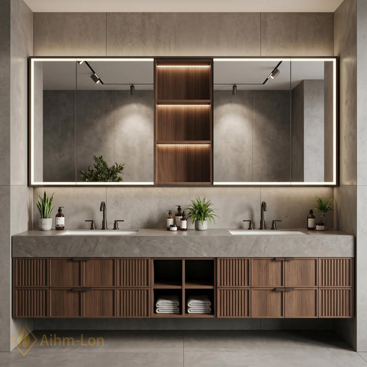 60''-96'' Double Bathroom Vanity with Sink Modern Slatted Panel Doors Stone Top