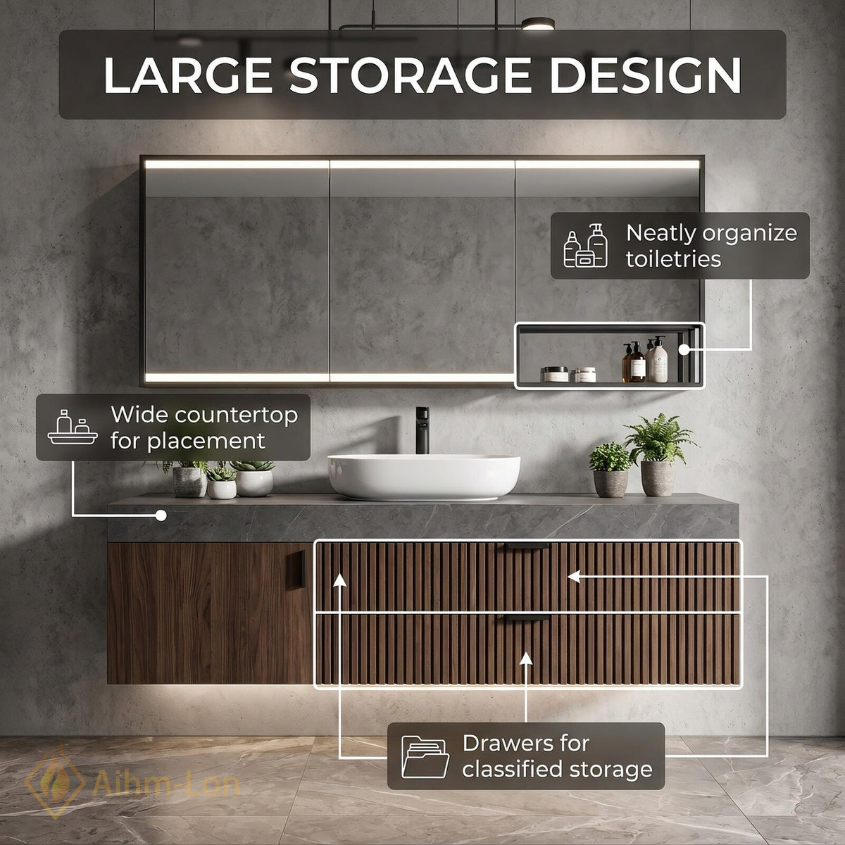 36''-110'' Floating Bathroom Vanity with Sink Slatted Walnut Front Open Shelf