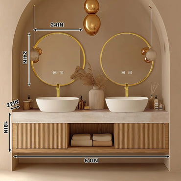 60"-96"Floating Bathroom Vanity with Double Sinks Includes Round Mirror
