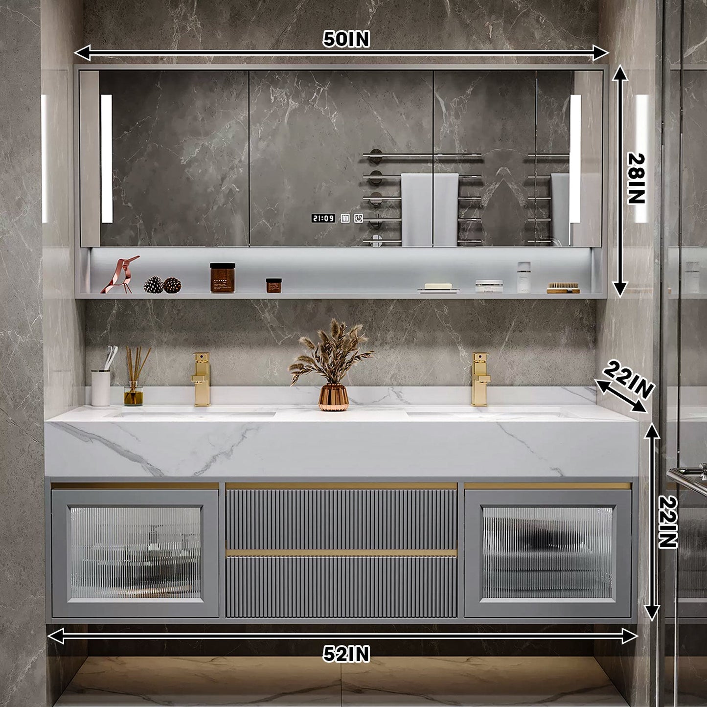 52"- 96" Modern Grey Bathroom Vanity Set with Ceramic Basin and Smart Mirror Cabinet Double