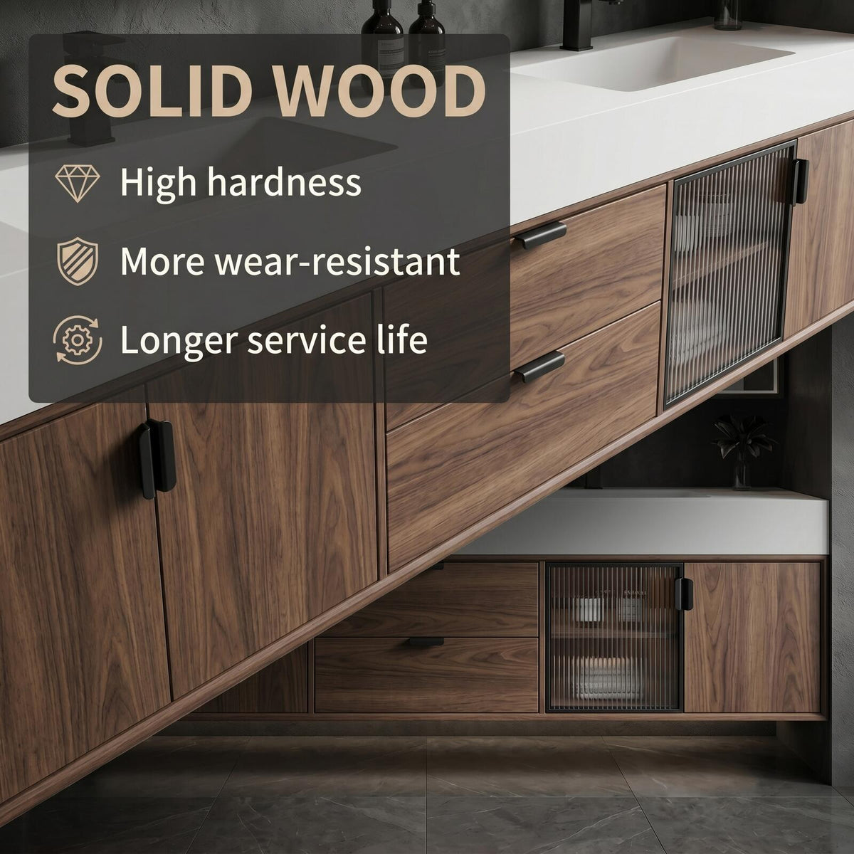 60''-96'' Double Bathroom Vanity with Sink Modern Floating Dark Walnut Glass Door Cabinet