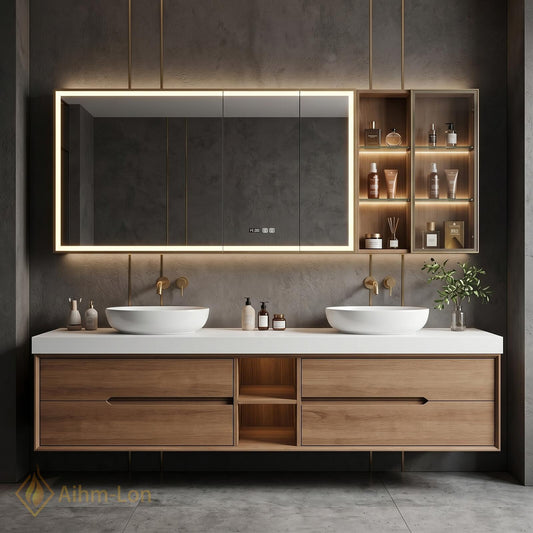 60''-96'' Double Bathroom Vanity with Sink Floating Sleek Wall Mounted Frame Warm