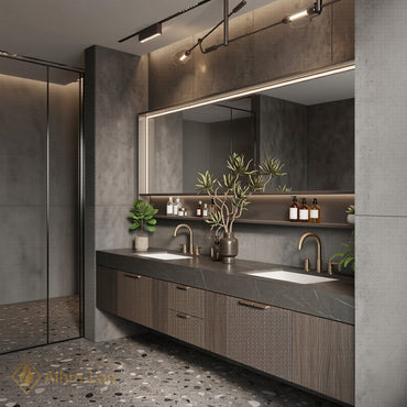 72''-96'' Bathroom Vanity with Sink Vertical Slatted Front Dark Stone Texture Top
