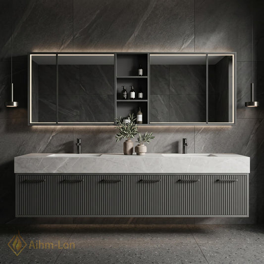 70''-96'' Double Bathroom Vanity with Sink Modern Ribbed Front Charcoal Finish Shelving