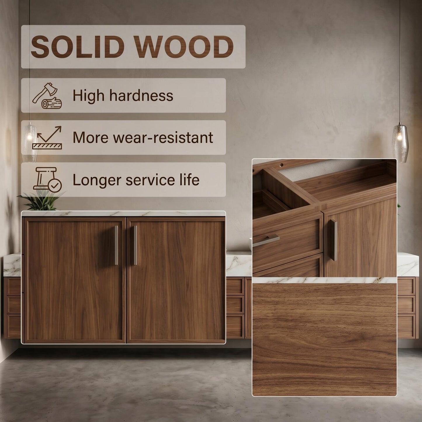 70''-96'' Modern Bathroom Vanity with Sink Double Sink White Marble Dark Walnut Cabinet