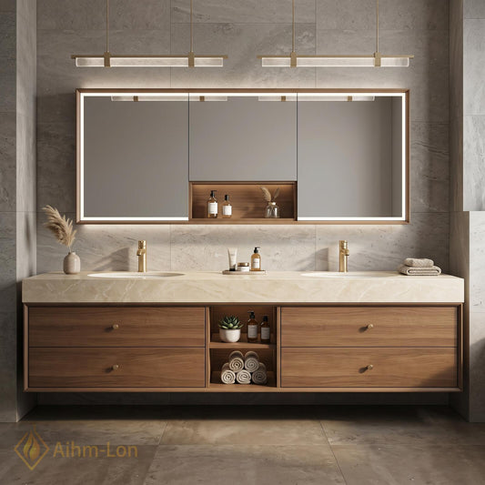 60''-96'' Double Bathroom Vanity with Sink Wall-Mounted Natural Wood Grain Finish Shelving