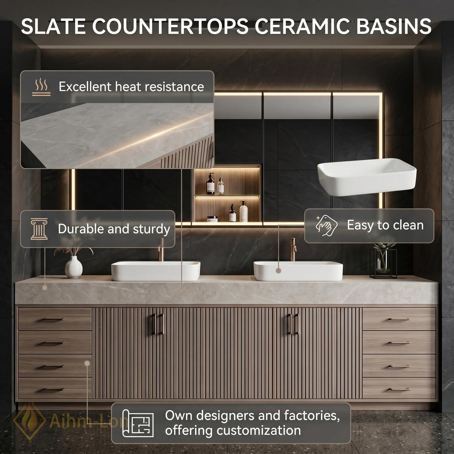 72''-96'' Double Bathroom Vanity with Sink Light-Wood Modern Slatted Doors Storage