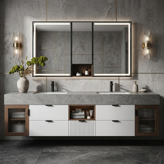 60''-96'' Modern Bathroom Vanity with Sink Double Sink Grey Stone Top Veneer Doors Cabinet