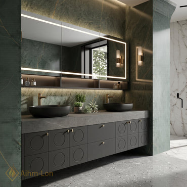 72''-96'' Double Bathroom Vanity with Sink Charcoal Modern Floating Stone Countertop Geometric