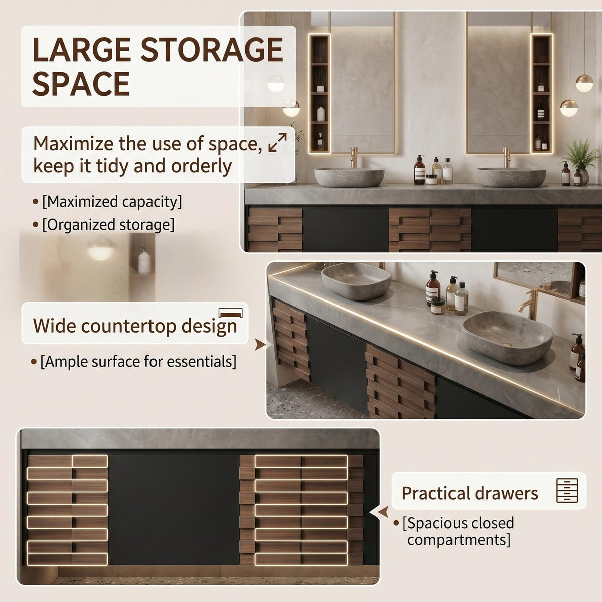 60''-96'' Double Bathroom Vanity with Sink Modern Floating Geometric Drawer Solid Wood Grain