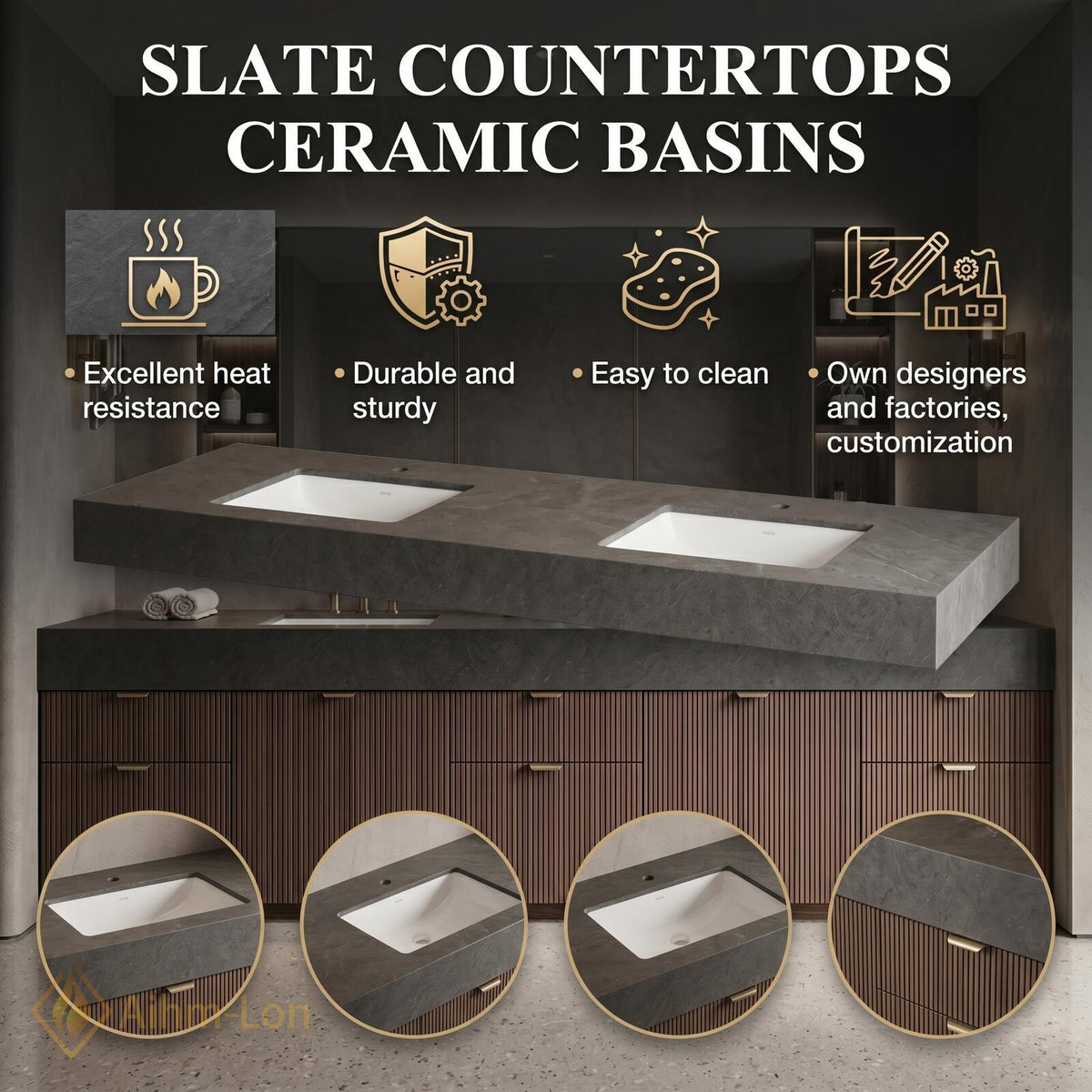 60''-96'' Double Bathroom Vanity with Sink Floating Dark Walnut Slatted Center Open