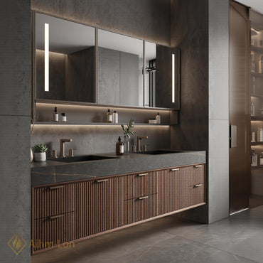 60''-96'' Double Bathroom Vanity with Sink Dark Walnut Finish Slatted Panel Shelving