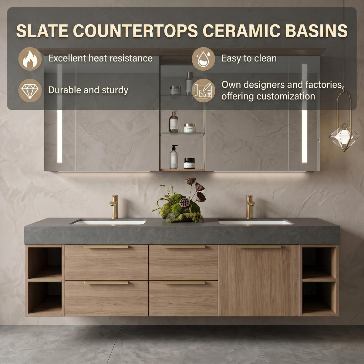 60''-96'' Double Bathroom Vanity with Sink Modern Floating Warm Wood Grain Open Side Shelving