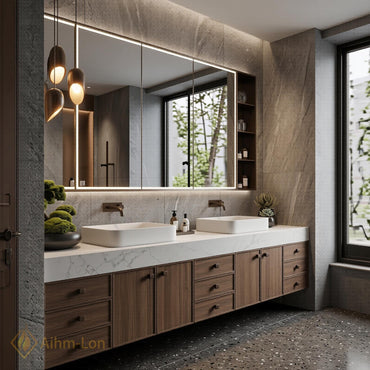 76''-96'' Modern Double Bathroom Vanity with Sink Wall-Mounted Dark Walnut Open Shelving