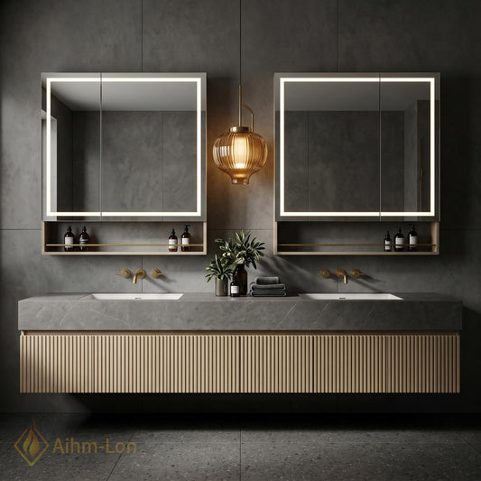 60''-96'' Double Bathroom Vanity with Sink Ribbed Panel Warm Wood Finish Open Shelving