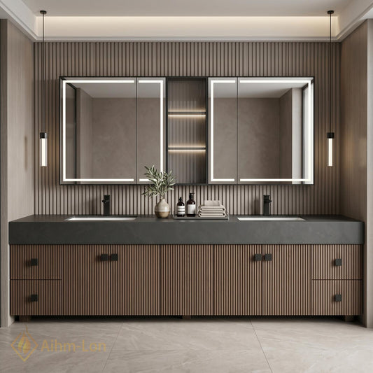 70''-96'' Modern Double Bathroom Vanity with Sink Floating Dark Stone Slatted Wood