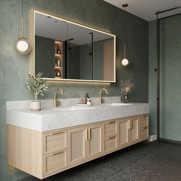 60''-96'' Double Bathroom Vanity with Sink Light Oak Finish Woven Rattan Panels