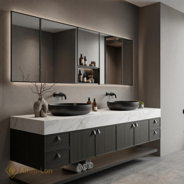 60''-96'' Double Bathroom Vanity with Sink Modern Floating Stone Top Matte Dark