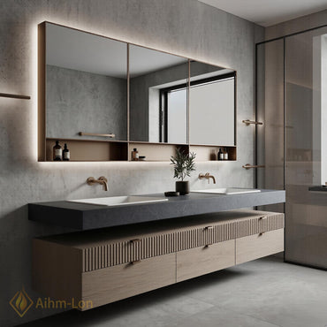 70''-96'' Floating Double Bathroom Vanity with Sink Raked Panel Light Oak Finish