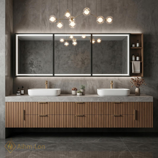 60''-96'' Double Bathroom Vanity with Sink Modern Slatted Warm Wood Grain Cabinet