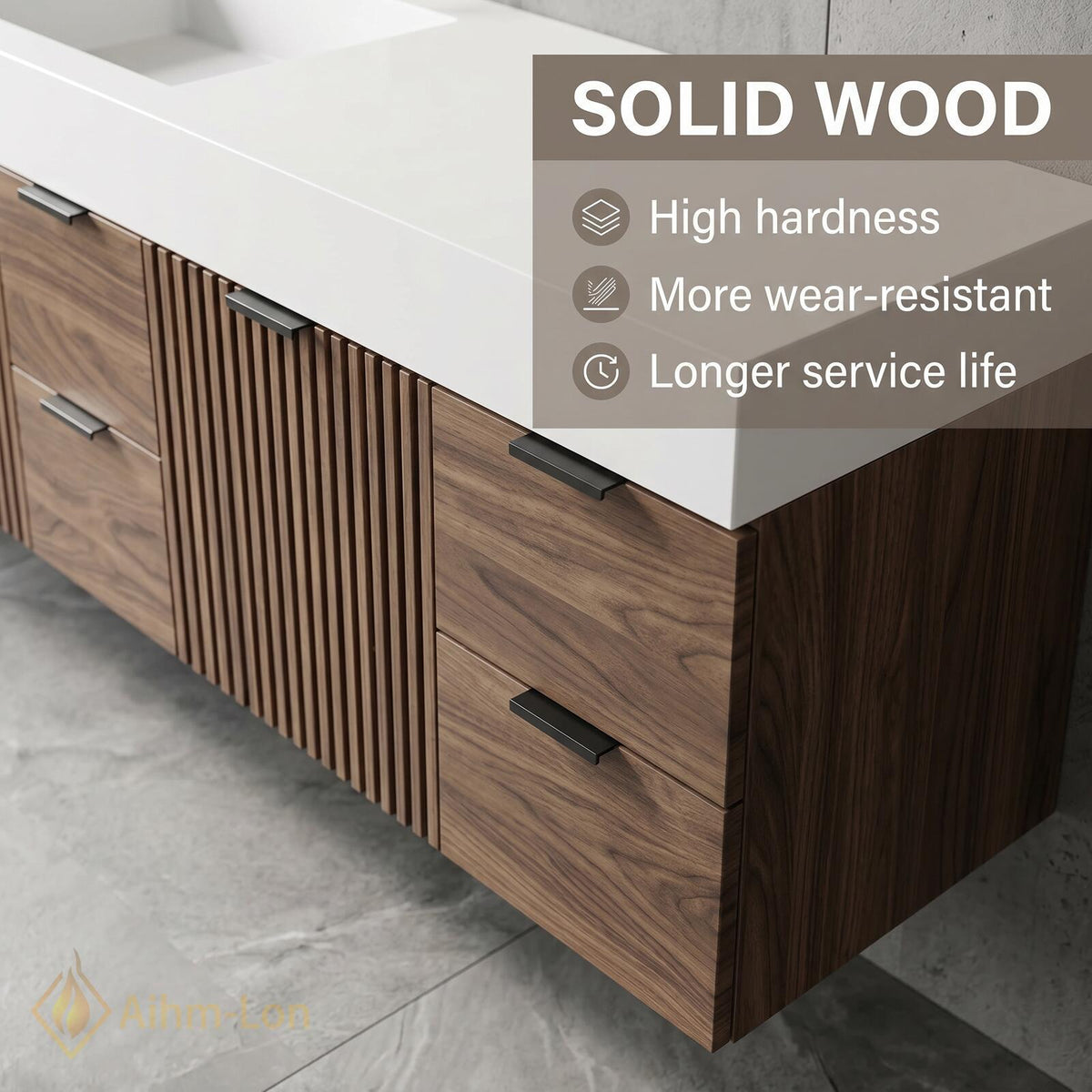 60''-96'' Double Bathroom Vanity with Sink Modern Dark Walnut Slatted Panel Floating