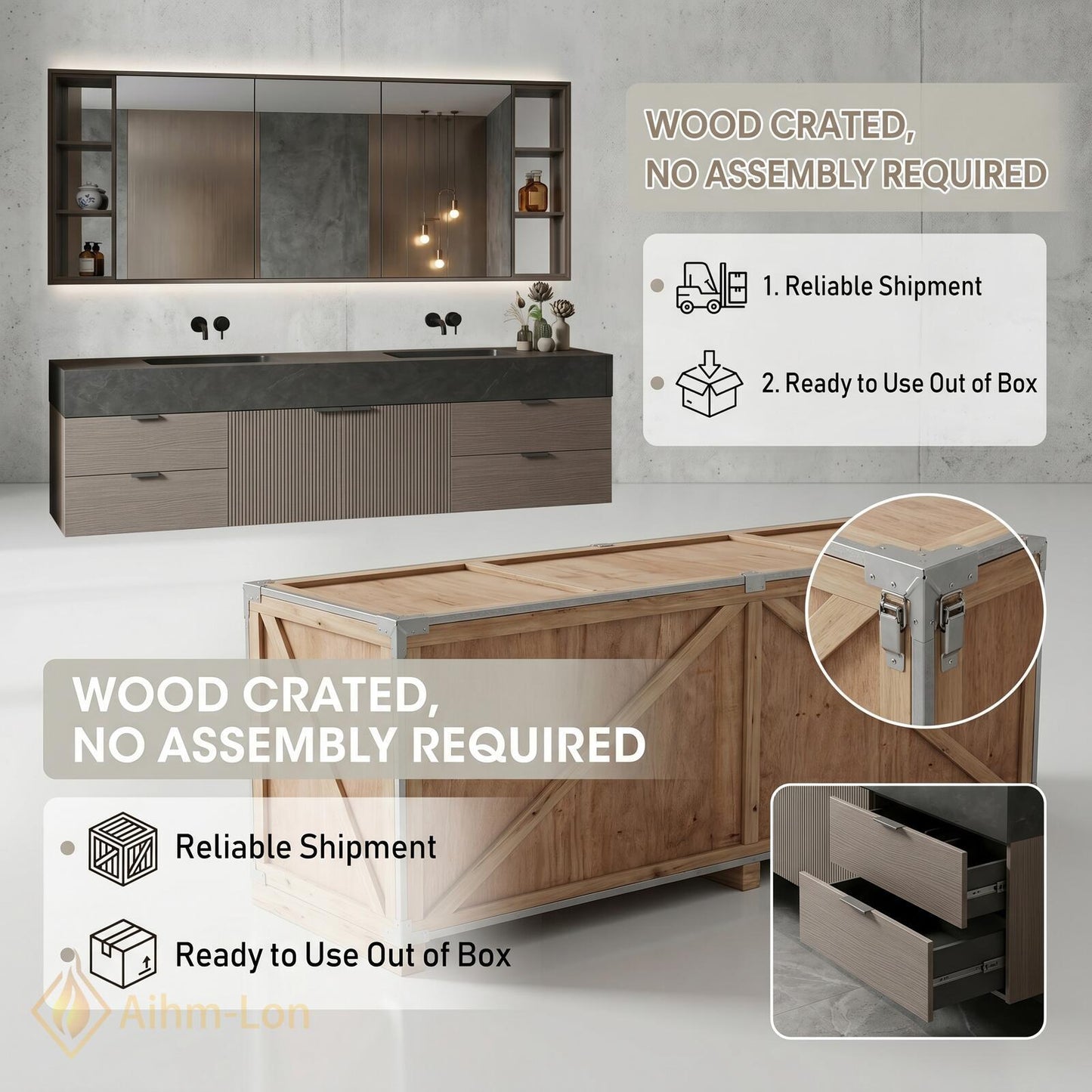 60''-96'' Modern Double Bathroom Vanity with Sink Floating Dark Wood Center Shelving