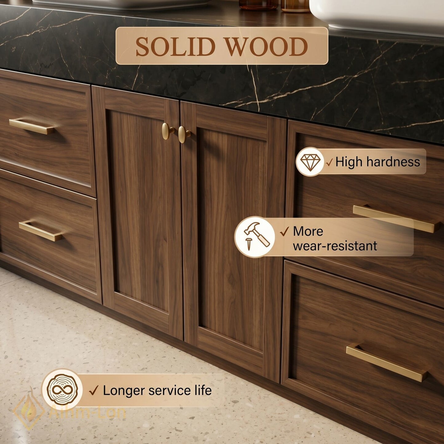 76''-96'' Double Bathroom Vanity with Sink Wood-Grain Dark Marble Top Grained Drawers