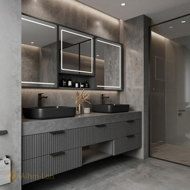 60''-96'' Double Bathroom Vanity with Sink Grey Stone Ribbed Panels Central Shelf
