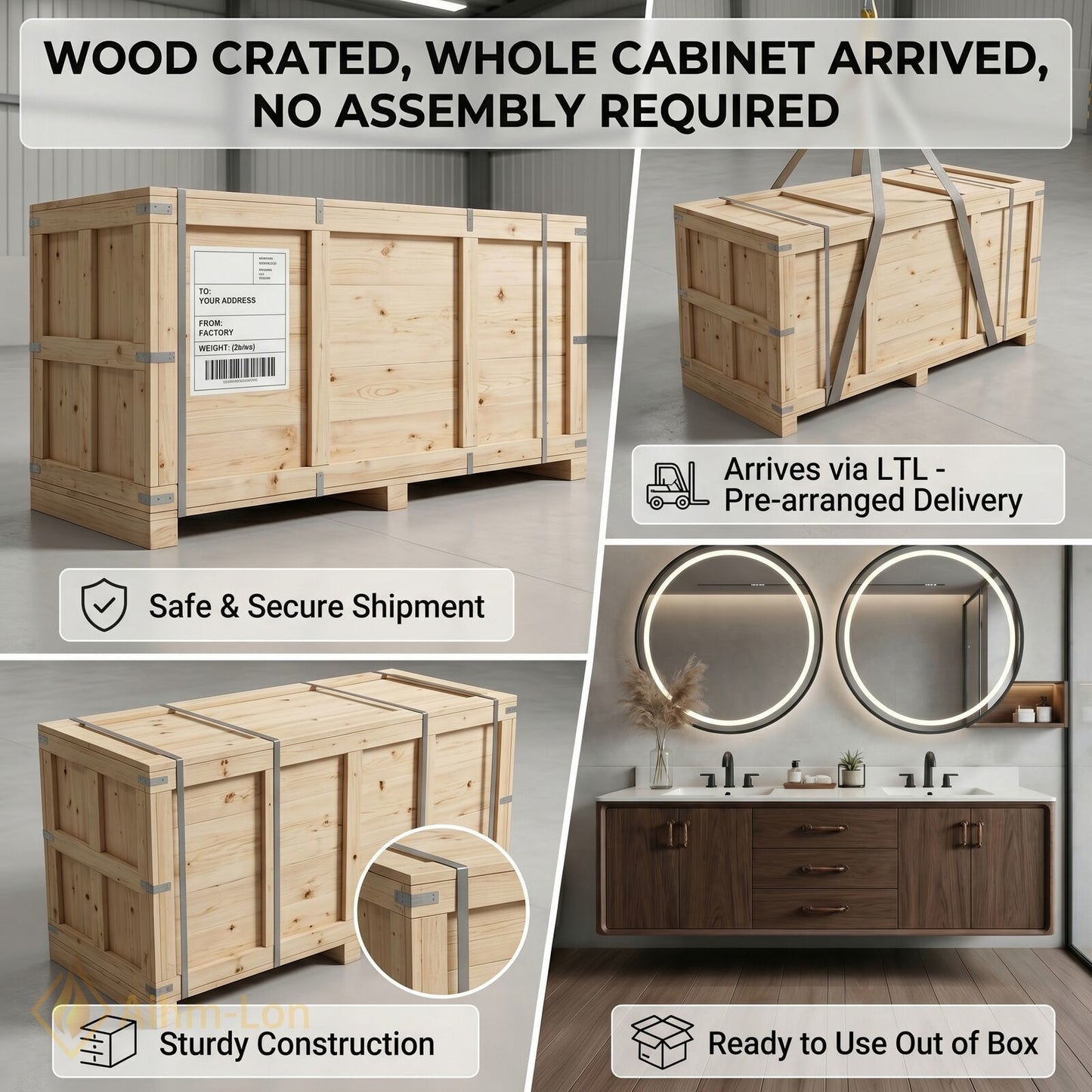 70''-96'' Double Bathroom Vanity with Sink Rich Wood Grain Floating Center Drawers