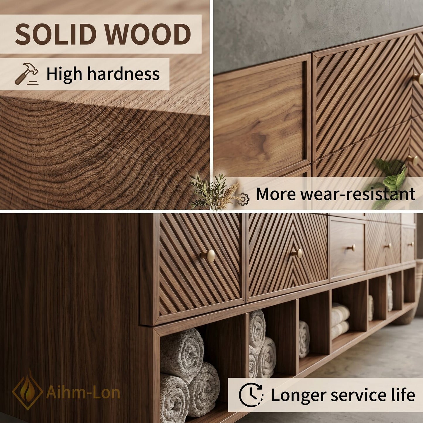78''-96'' Double Bathroom Vanity with Sink Geometric Wood Panels Dark Stone Top