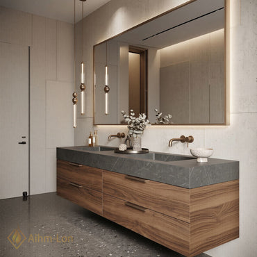 60''-96'' Double Bathroom Vanity with Sink Floating Wall-Mounted Wall-Mount Wood-Grain Finish Illuminated