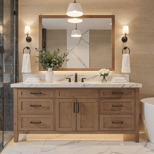 48''-64'' Modern Bathroom Vanity with Sink Marble Wood Grain Black Hardware Drawers