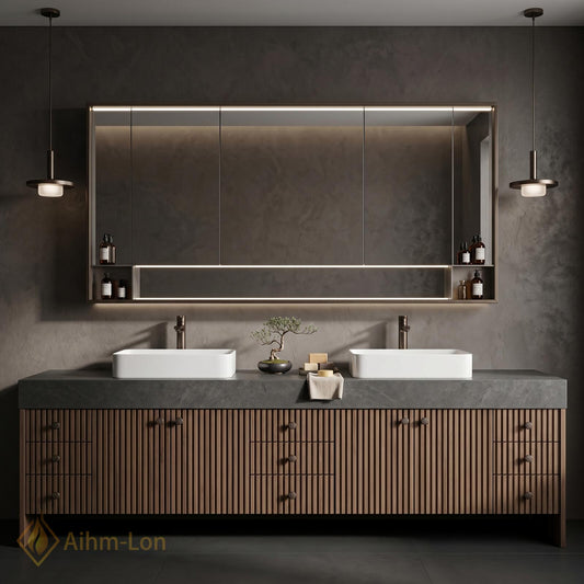 76''-96'' Modern Floating Bathroom Vanity with Sink Double Dark Walnut Slatted Panel