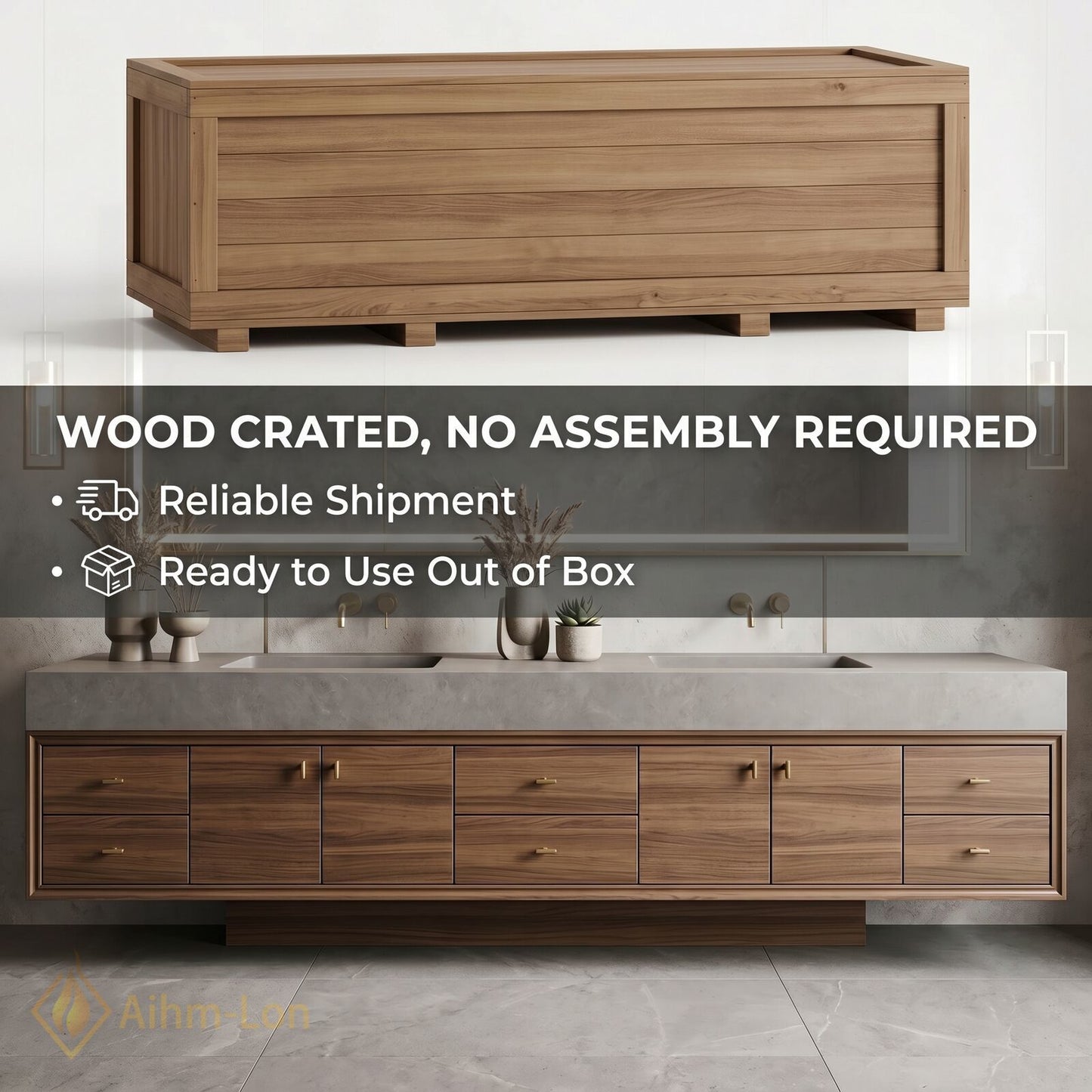 76''-96'' Double Bathroom Vanity with Sink Grey Modern Wood-Grain Sets Concrete Countertop