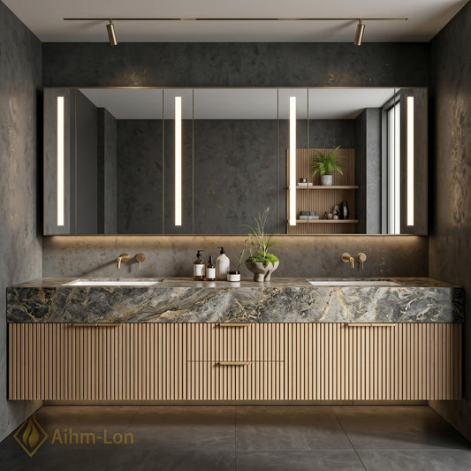 60''-96'' Double Bathroom Vanity with Sink Modern Floating Slatted Wood Front Marble