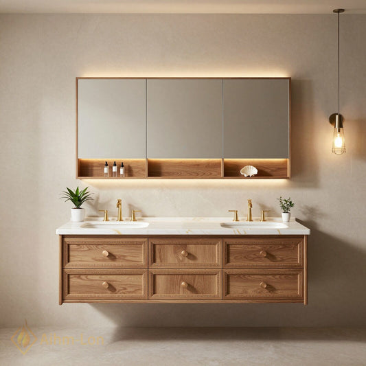 60''-96'' Double Bathroom Vanity with Sink White Marble Top Six Drawers Wall Mounted Mirror