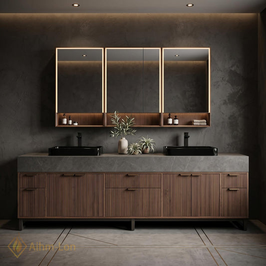 60''-96'' Double Bathroom Vanity with Sink Slatted Panel Doors Warm Walnut Finish