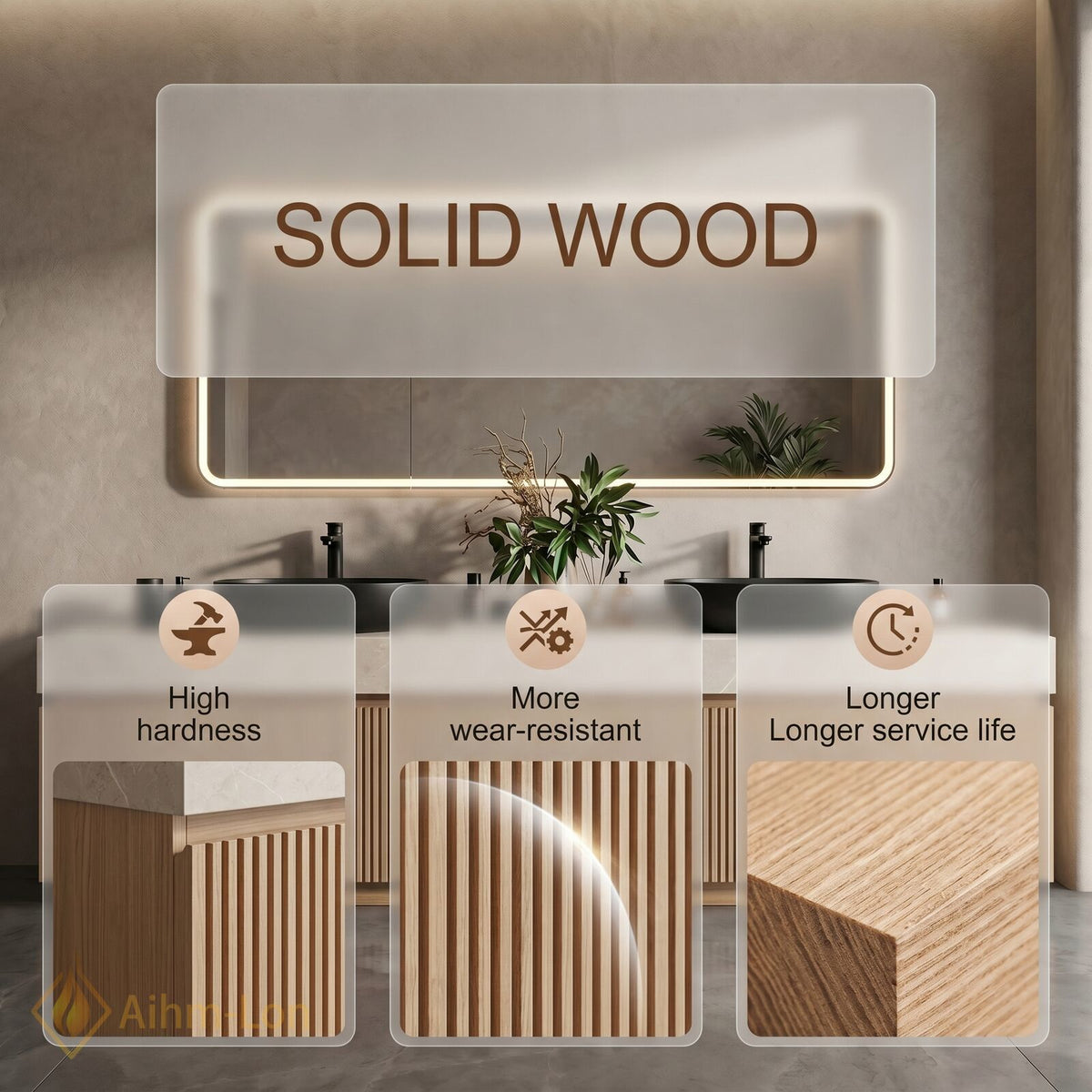 60''-96'' Double Bathroom Vanity with Sink Light Wood Finish Marble Top Contemporary