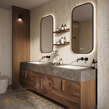 60''-96'' Double Bathroom Vanity with Sink Grey Stone-Top Vanities Carved Circular Wood