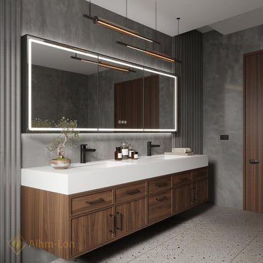60''-96'' Double Bathroom Vanity with Sink Dark Walnut Finish Floating Modern Slatted