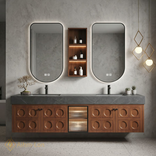 60''-96'' Bathroom Vanity with Sink Grooved Wood Panels Dark Stone Countertop Double