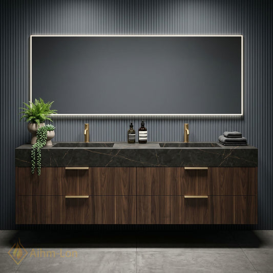 60''-96'' Double Bathroom Vanity with Sink Sleek Floating Silhouette Rich Walnut Wood