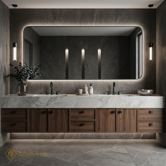 76''-96'' Double Bathroom Vanity with Sink Walnut Floating Elegant Marble Top Wood