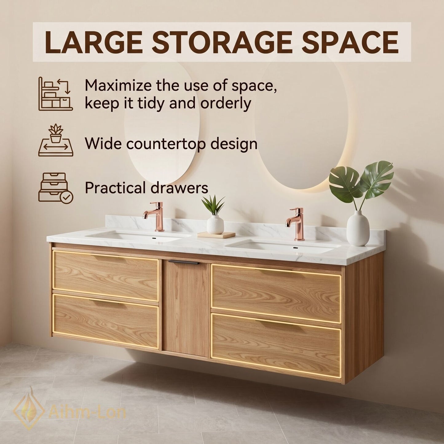 60''-96'' Modern Bathroom Vanity with Sink Floating Oak Marble Oval LED Mirror