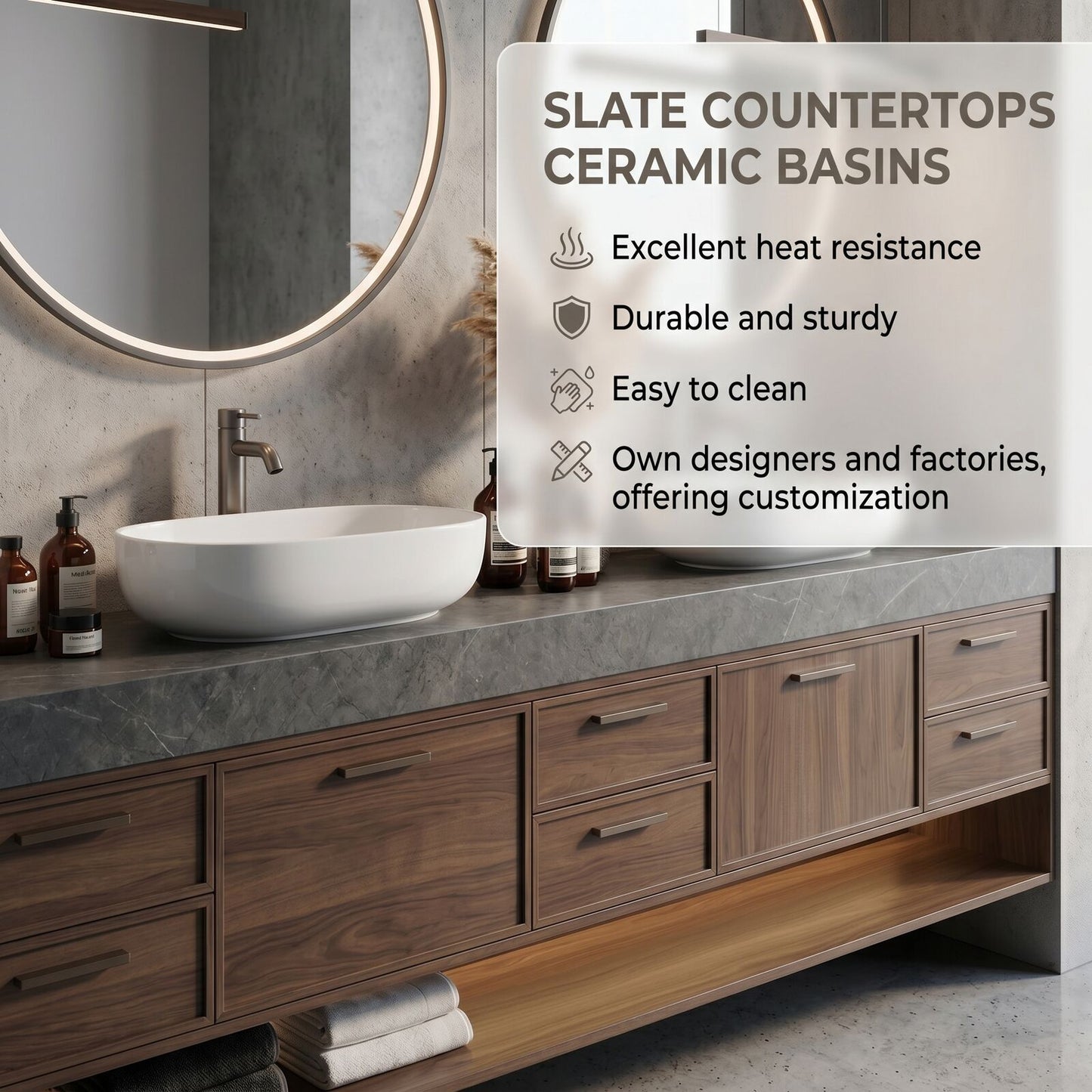 72''-96'' Modern Bathroom Vanity with Sink Grey Stone Natural Wood Texture Double Vessel