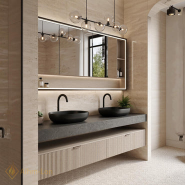 60''-96'' Double Bathroom Vanity with Sink Modern Floating Ribbed Panels Dark Stone