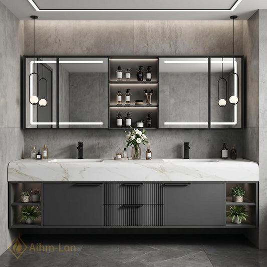 60''-96'' Double Bathroom Vanity with Sink Modern Dark Grey Marble Ribbed Drawers