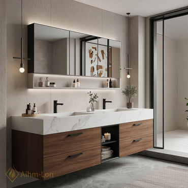 60''-96'' Double Bathroom Vanity with Sink Floating Wood-Grain Finish Open Slatted Shelf
